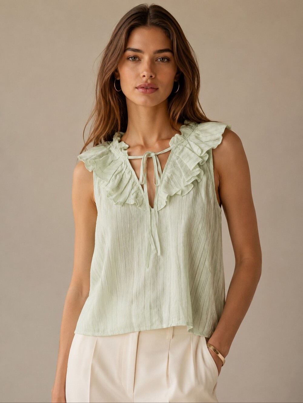 Nation LTD Women's Light Green Ruffle Neck Sleeveless Top Size S